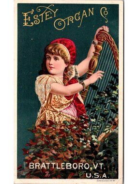 1890's Antique Brattleboro VT Estey Organ Co Victorian Trade Card Girl With Harp
